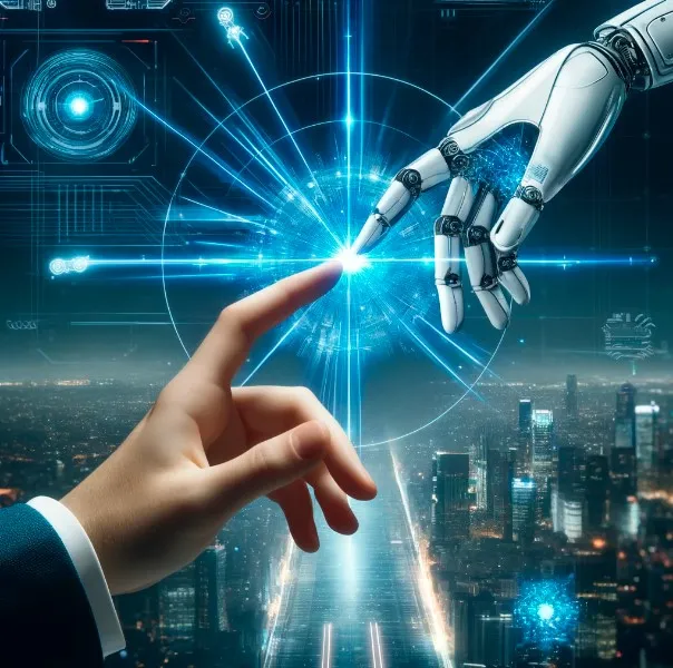 Interacción entre un humano y un robot que simboliza la colaboración de IA en la mejora del servicio al cliente.