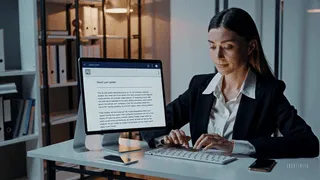 Colaboradora del equipo legal de una empresa utilizando un software con inteligencia artificial para gestionar reclamos y prevenir oficios del SERNAC.