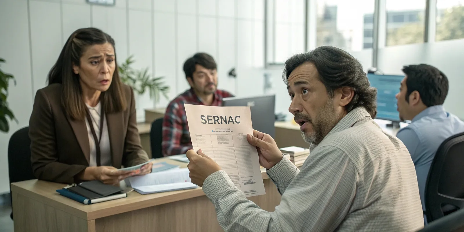 Consumidor mostrando oficio del SERNAC a ejecutiva, reflejando la necesidad de que las empresas conozcan cómo evitar oficios del SERNAC en Chile.