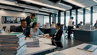 Empresarios gestionando documentación y cumplimiento normativo bajo la supervisión del Procon Brasil.