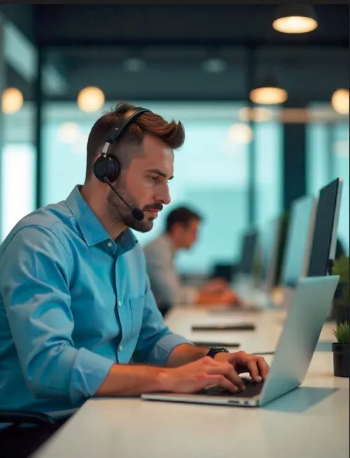 Agente de atención al cliente usando un software con inteligencia artificial para personalizar respuestas a reclamos masivos.