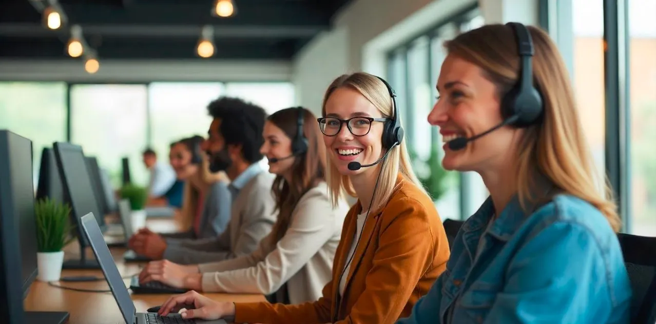 Equipo de atención al cliente de una empresa moderna utilizando software con inteligencia artificial para responder reclamos eficazmente.
