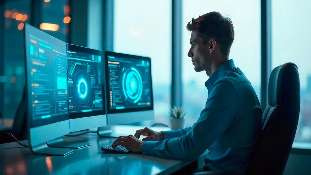Especialista en análisis de datos trabajando en monitores con gráficos de inteligencia artificial para gestionar reclamos de clientes.