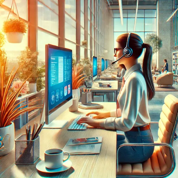 Agente de servicio al cliente trabajando diligentemente desde una oficina moderna, buscando reducir el tiempo de respuesta