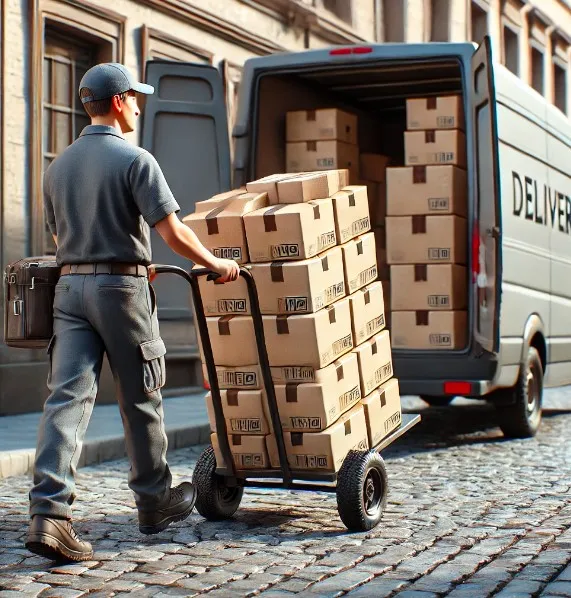 Un repartidor de pedidos llevando una gran cantidad de cajas a sus respectivos destinos, ilustrando el alto volumen de ventas y operaciones durante el CyberDay en Chile.