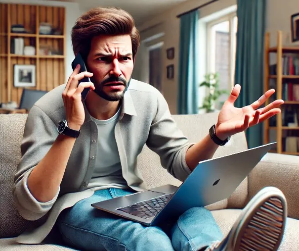 Cliente insatisfecho resolviendo problemas durante el CyberDay Chile 2024, destacando la importancia de un soporte eficiente al cliente.
