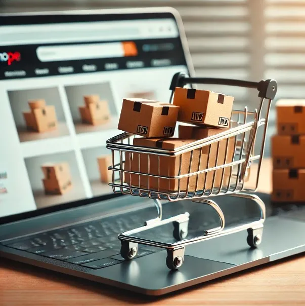 Carrito de compras en línea lleno de paquetes, ilustrando el alto volumen de ventas y operaciones durante el CyberDay en Chile.