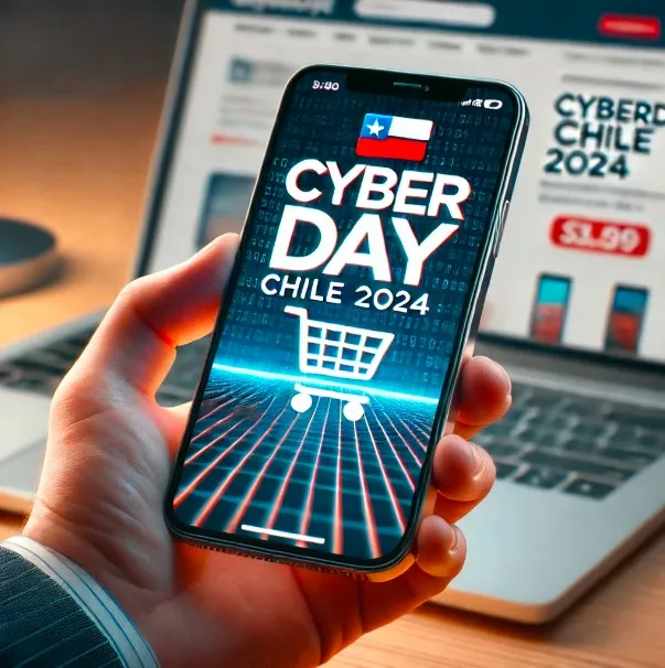 Promoción del CyberDay Chile 2024 en un smartphone, reflejando la digitalización de las ventas y las ofertas especiales disponibles.