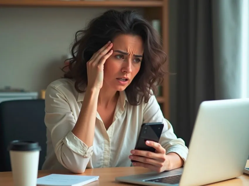 Cliente preocupada consultando su teléfono y computadora al mismo tiempo, reflejando la urgencia empresarial por mejorar la atención al cliente con tecnología para prevenir que las quejas escalen a reclamos formales.