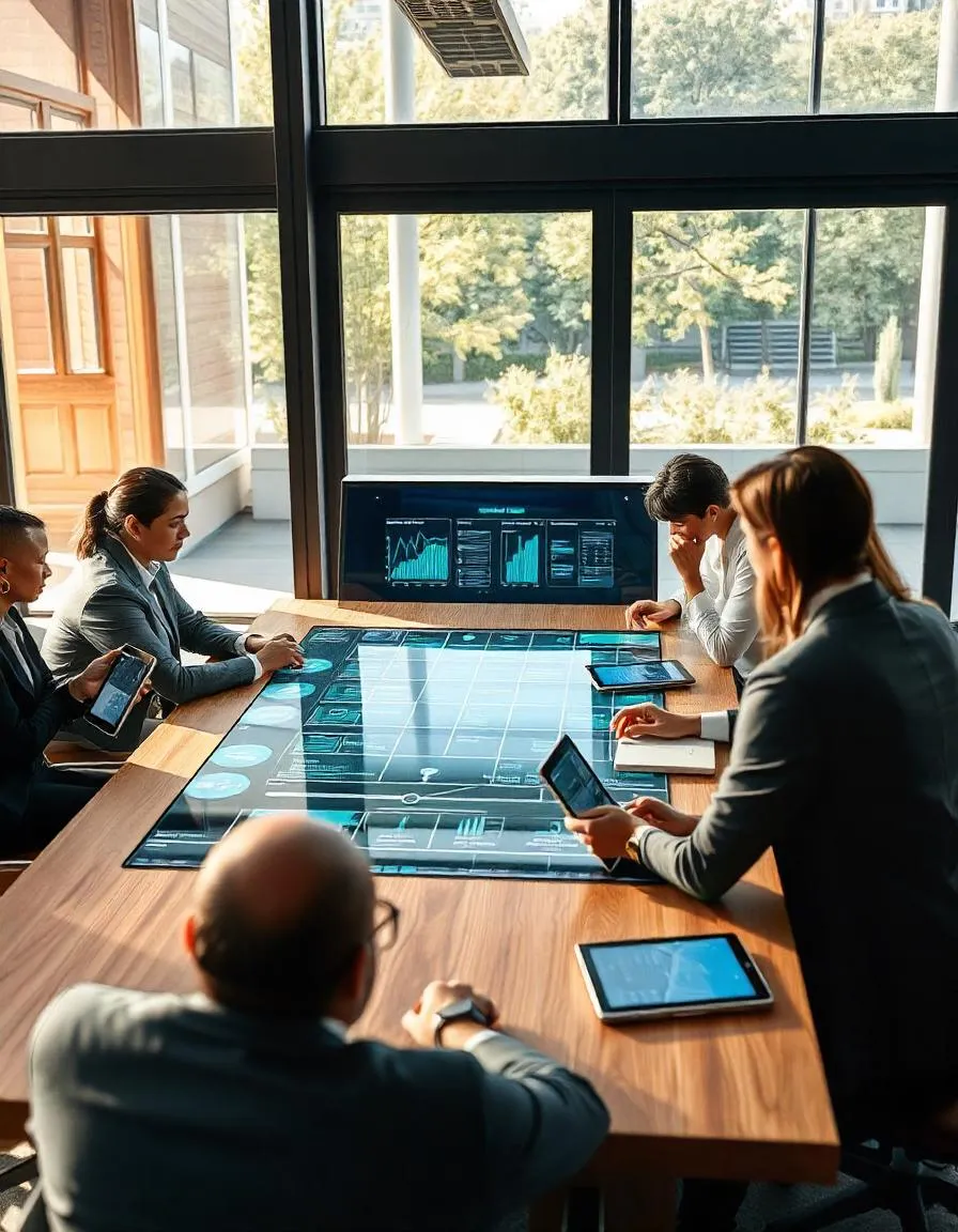 Grupo de profesionales en reunión empresarial, discutiendo cómo la inteligencia artificial puede ayudar a reducir las quejas en el servicio al cliente, enfocándose en soluciones preventivas.
