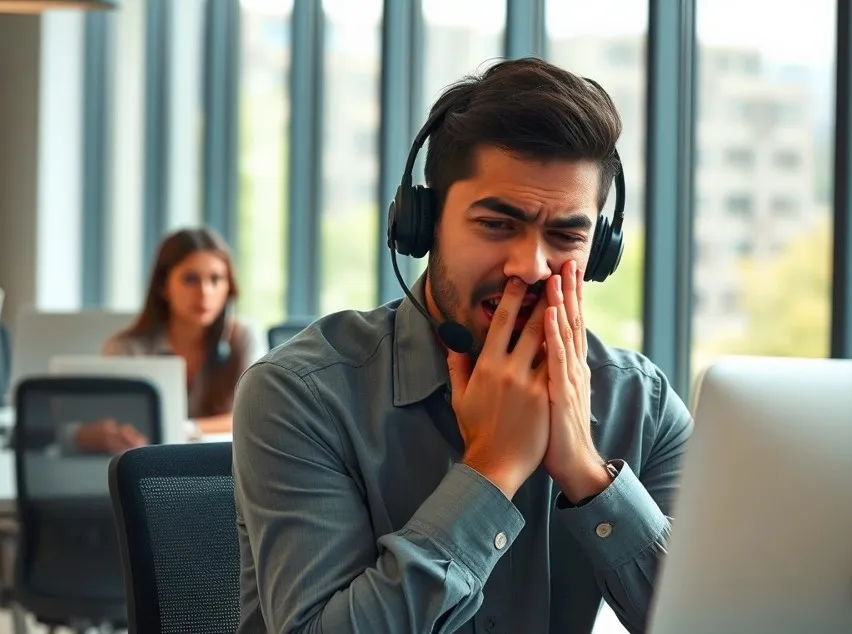 Agente de call center experimentando estrés, destacando la necesidad de herramientas inteligentes para facilitar la gestión de quejas y mejorar el bienestar de los empleados.