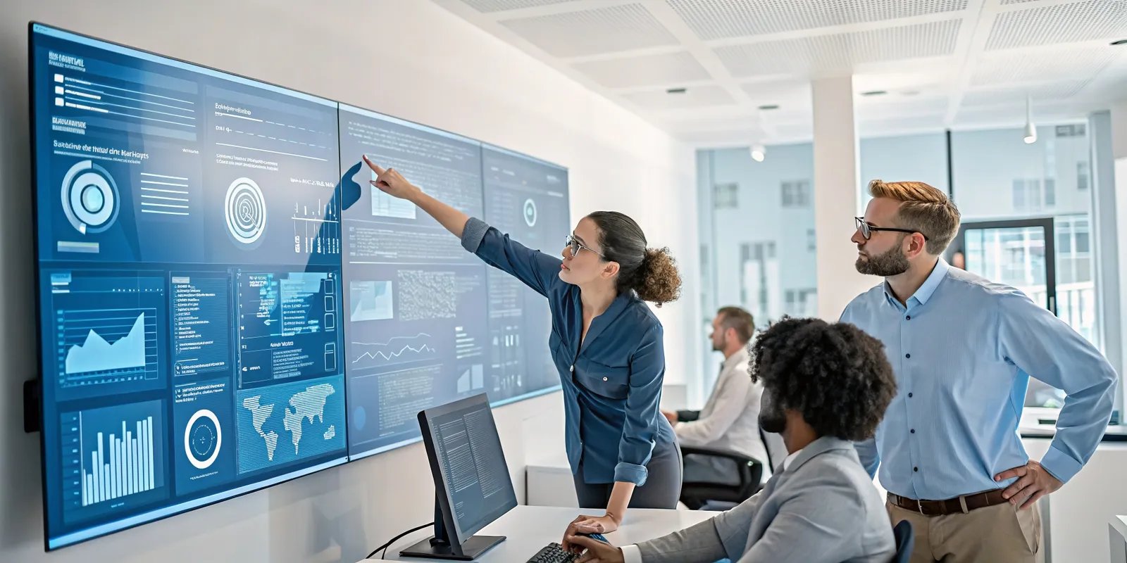 Profesionales revisando dashboards con datos procesados por inteligencia artificial, mostrando cómo gestionar reclamos con IA en tiempo real.