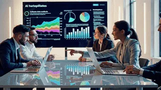 Equipo reducido de trabajo analizando gráficos de reclamaciones con inteligencia artificial, mostrando cómo gestionar reclamos con IA mejora la eficiencia operativa significativamente..