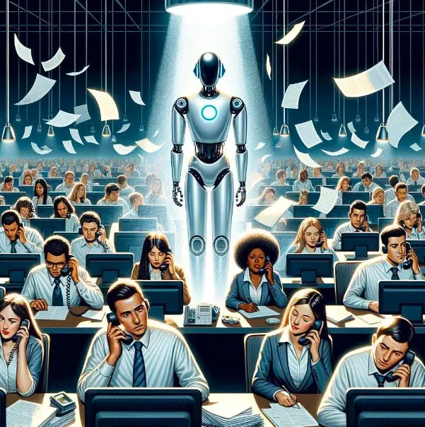 ilustración que represnta cómo la inteligencia artificial puede asistir por completo al área de atención al cliente de una empresa moderna