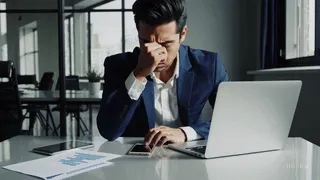 Empresario frustrado revisando su computador en la oficina: consecuencias de ignorar las normativas de No Molestar de SERNAC en la gestión de contacto empresarial.