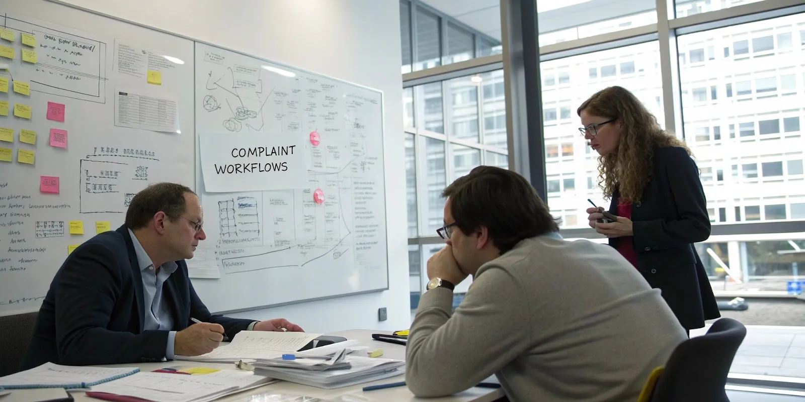 Equipo de gestión revisando flujos de trabajo para evitar errores ante reclamos de la Comisión para el Mercado Financiero (CMF)