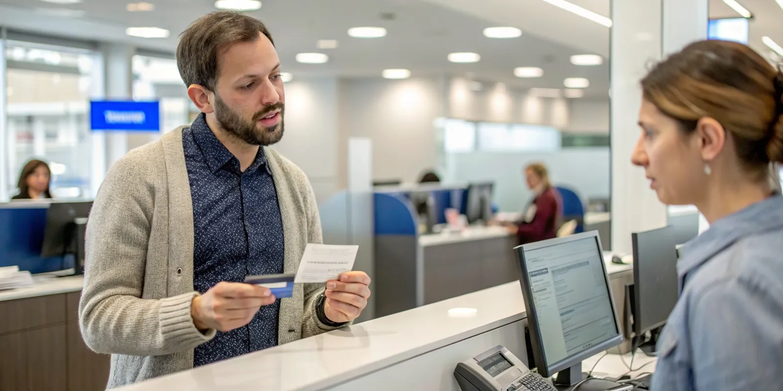 Cliente presentando reclamos por fraude bancario en la sucursal de su entidad financiera.