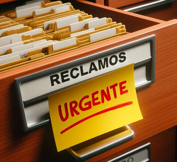 Archivo de reclamos etiquetado como urgente en un archivador, simbolizando la prioridad en la gestión rápida de quejas de clientes.